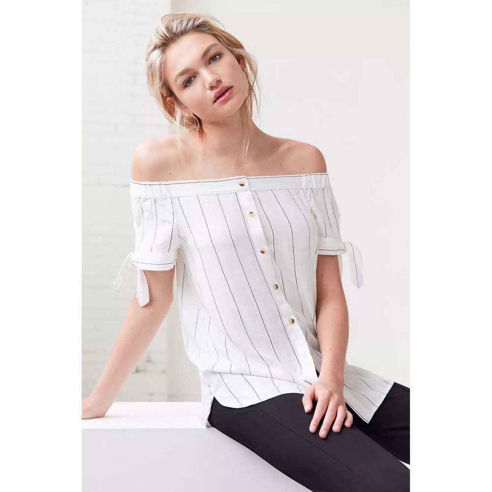 BDG Urban Outfitters Tie-Sleeve Off-The-Shoulder Blouse Top Button-Down Size M - Picture 5 of 14